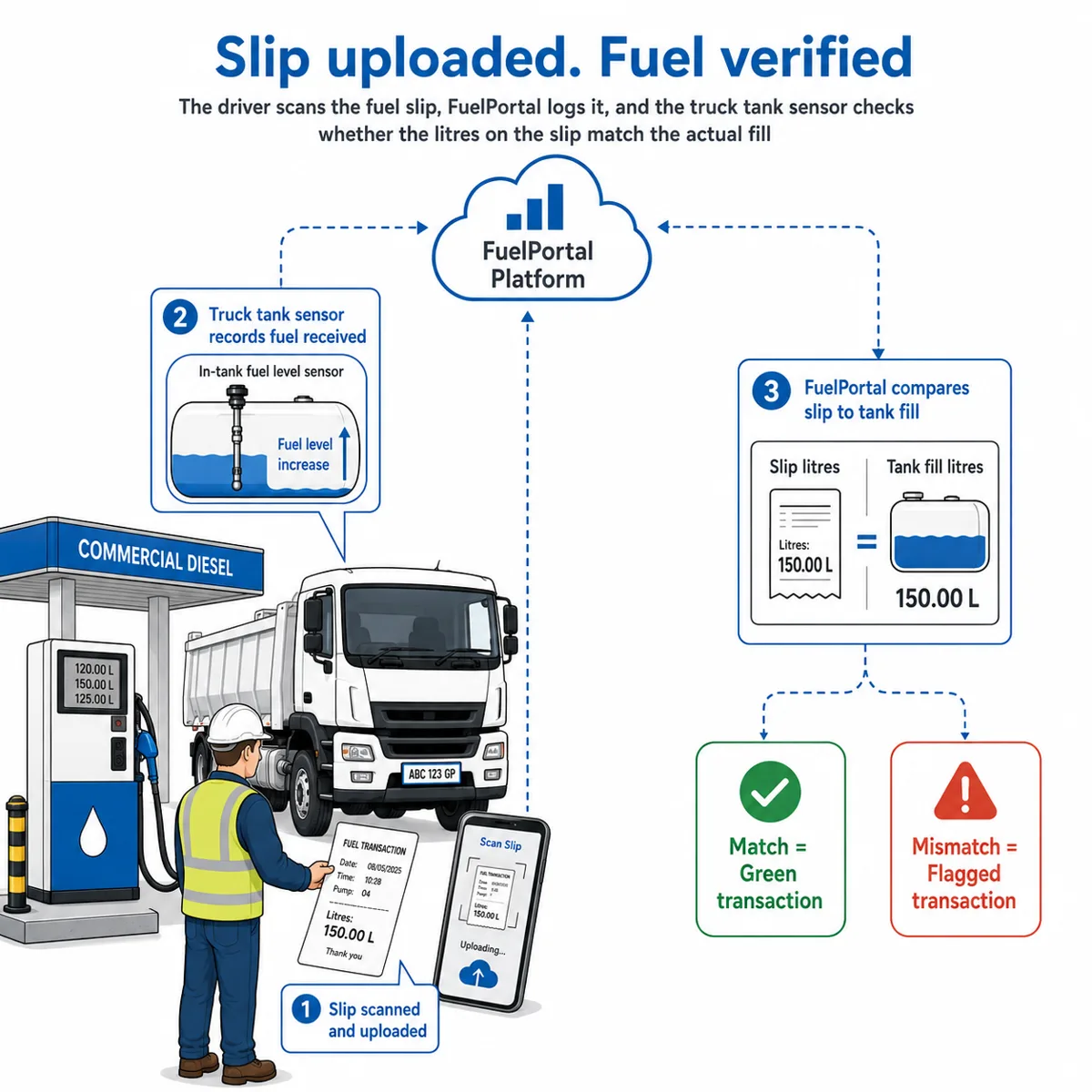 Driver scans the fuel slip and FuelPortal compares slip litres to the measured tank fill